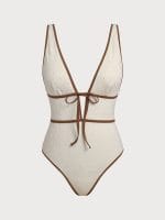Off White V Neck Tie One-Piece Swimsuit - Image 7