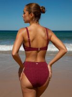 Wine Red Textured High Waisted Bikini Bottom - Image 2