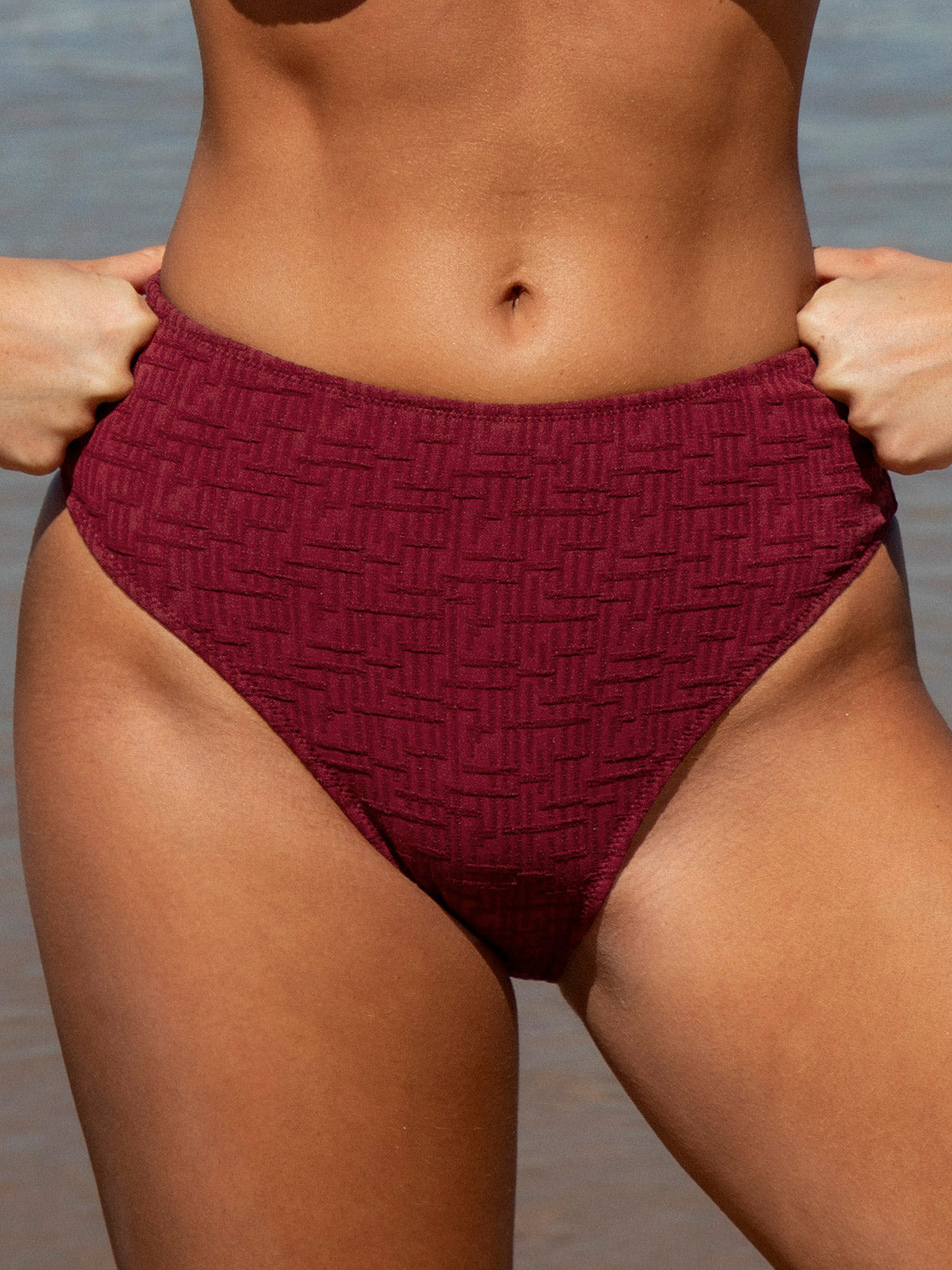 women-woven-nylon-bikini-bottoms-sustainable-bikinis-qeghy1 Wine Red Textured High Waisted Bikini Bottom - Image 1