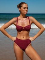 Wine Red Textured High Waisted Bikini Bottom - Image 4