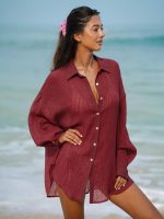 Wine Red Lyocell Cover Up Shirt - Image 4