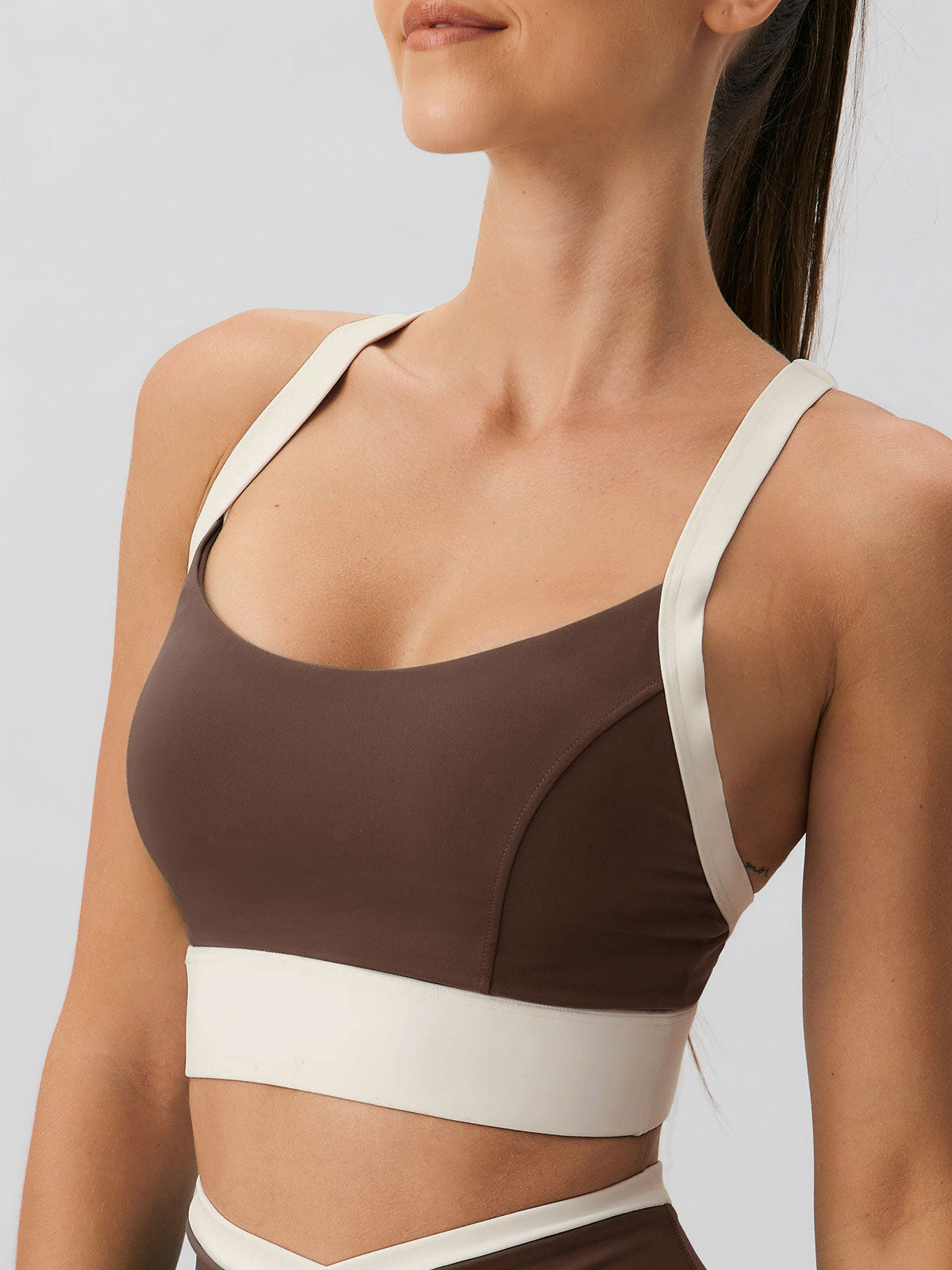 women_-s-knitted-nylon-contrast-color-yoga-sports-bra-coffee-sustainable-yoga_tops-mji8ob Coffee Contrast U Neck Sports Bra - Light Support - Image 1