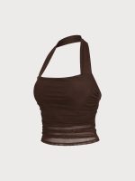 Coffee Halter Neck Ruched Mesh Crop Top - Image 5