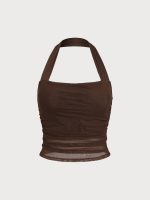 Coffee Halter Neck Ruched Mesh Crop Top - Image 4