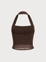 Coffee Halter Neck Ruched Mesh Crop Top - Image 6