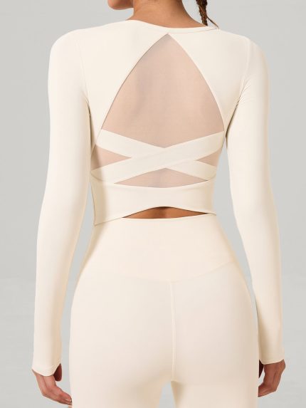 Cream Cross Mesh Back Long Sleeve Top--Light Support