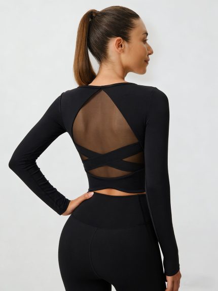 Black Cross Mesh Back Long Sleeve Top--Light Support