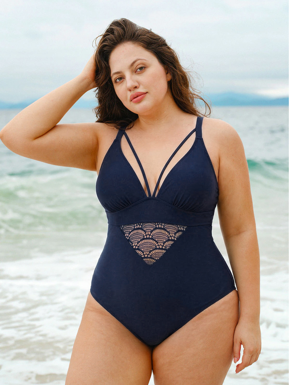 women_s-knitted-nylon-one-piece-swimsuit-navy-sustainable-plus_size_one-pieces-lkaomr Navy Lace Strappy V-Neck Plus Size One-Piece - Image 1