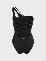 Black One-Shoulder Tummy Control One-Piece Swimsuit - Image 7