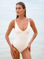 Off White V Neck Tummy Control One-Piece Swimsuit - Image 4