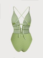 Light Green Textured Plunge One-Piece Swimsuit - Image 6
