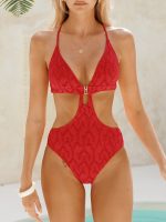 Red Plunge Neck Cutout One-Piece Swimsuit - Image 3