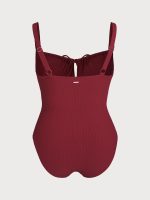 Wine Red Cutout Tie Plus Size One-Piece Swimsuit - Image 7