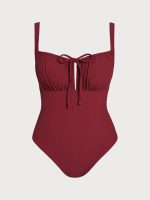 Wine Red Cutout Tie Plus Size One-Piece Swimsuit - Image 6