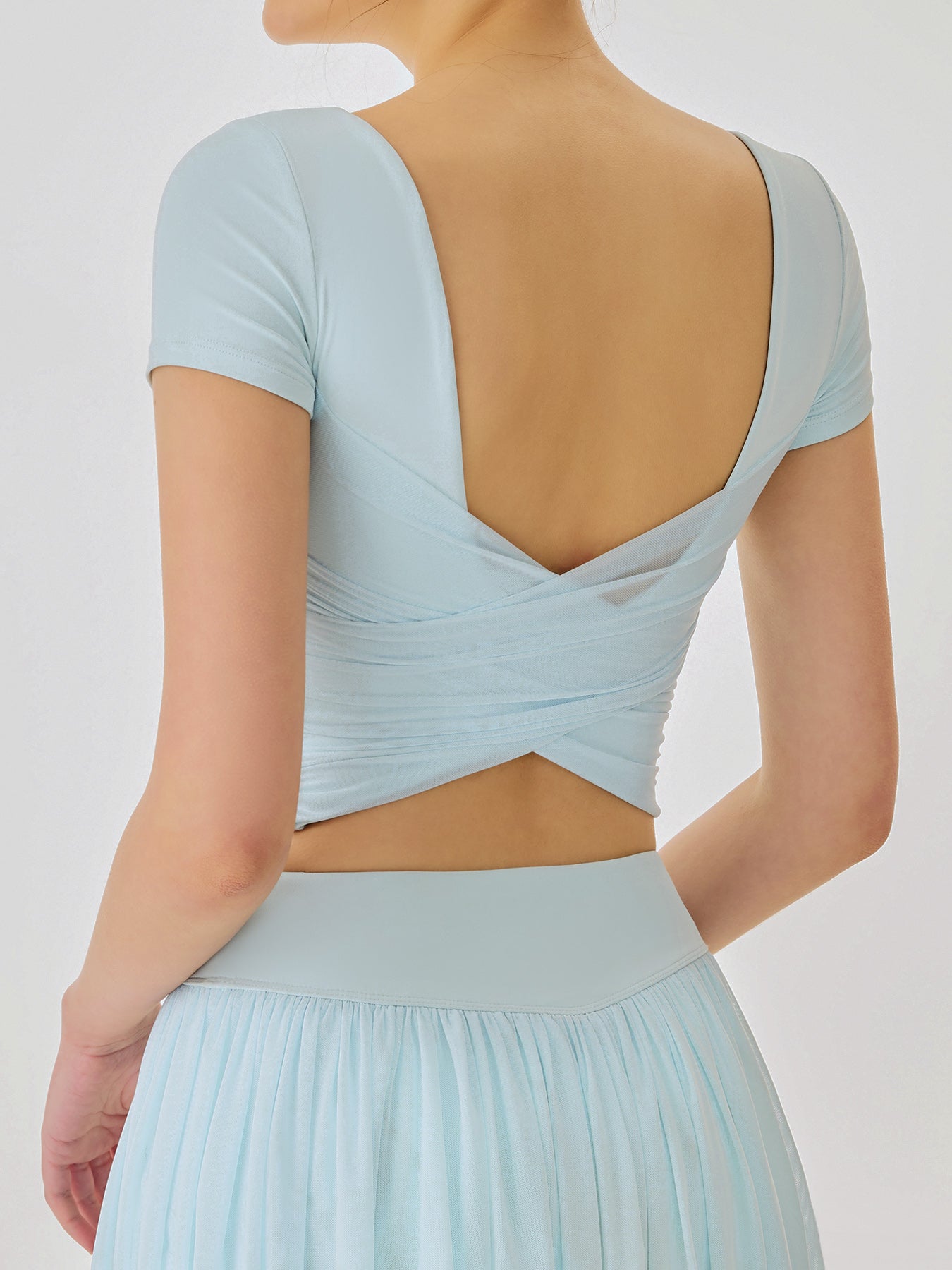 women_s-knitted-nylon-short-sleeve-top-blue-sustainable-yoga_tops-v8r8wm Blue Mesh Short Sleeve Top--Light Support - Image 1