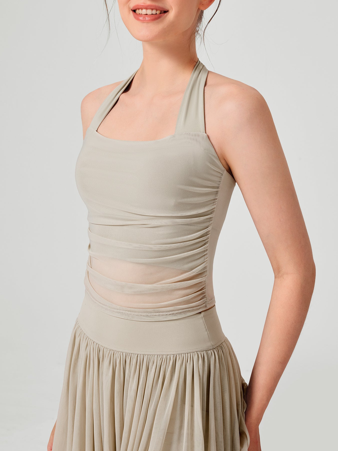 women_s-knitted-nylon-sports-bra-apricot-sustainable-yoga_tops-wgd79n Apricot Halter Neck Ruched Mesh Crop Top - Image 1