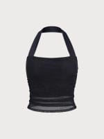 Black Halter Neck Ruched Mesh Crop Top - Image 10
