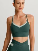 Dark Green Contrast V Neck Sports Bra- Light Support