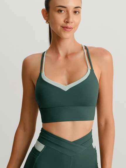 Dark Green Contrast V Neck Sports Bra- Light Support
