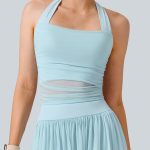 Light Blue Halter Neck Ruched Mesh Crop Top