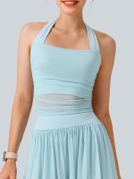Light Blue Halter Neck Ruched Mesh Crop Top