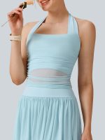 Light Blue Halter Neck Ruched Mesh Crop Top - Image 3