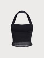 Black Halter Neck Ruched Mesh Crop Top - Image 12