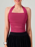 Red Halter Neck Ruched Mesh Crop Top - Image 4