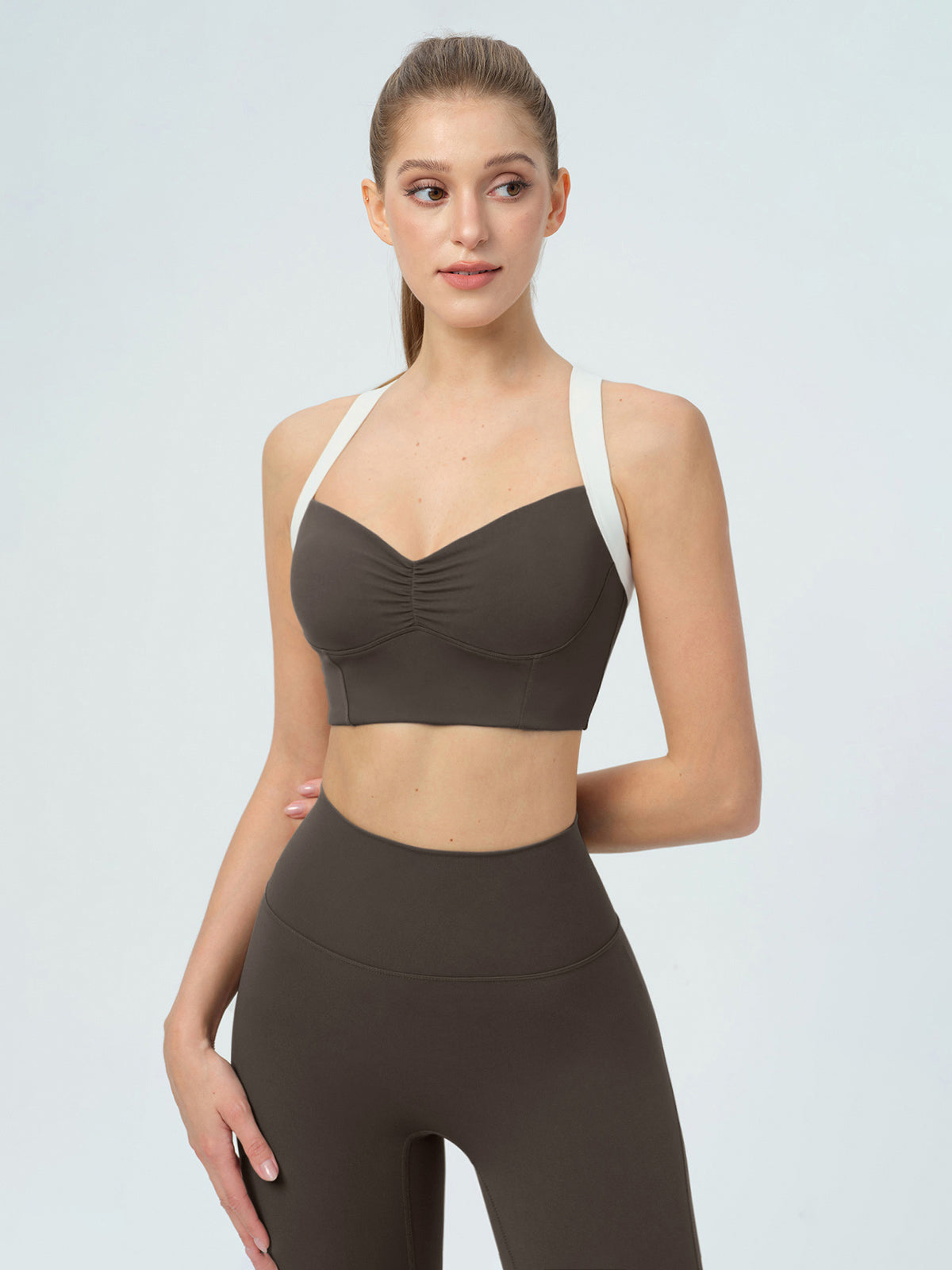 women_s-knitted-nylon-sports-bra-sustainable-yoga_tops-hsd0bq Dark Coffee Contrast Ruched Sports Bra - Image 1