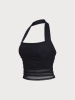 Black Halter Neck Ruched Mesh Crop Top - Image 11