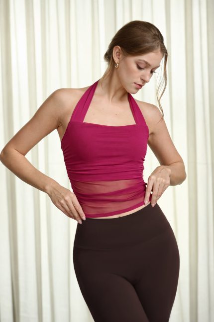 Red Halter Neck Ruched Mesh Crop Top
