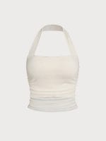 Cream Halter Neck Ruched Mesh Crop Top - Image 8