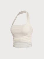Cream Halter Neck Ruched Mesh Crop Top - Image 10