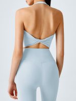 Light Blue Halter Twist Back Sports Bra