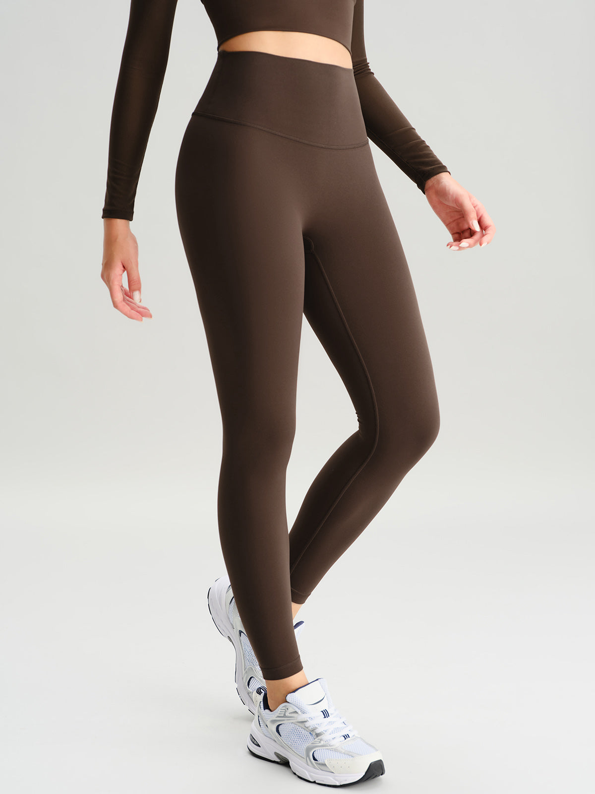women_s-knitted-nylon-sports-leggings-sustainable-yoga_bottoms-7b5dyh Dark Coffee Workout Leggings 24" - Image 1