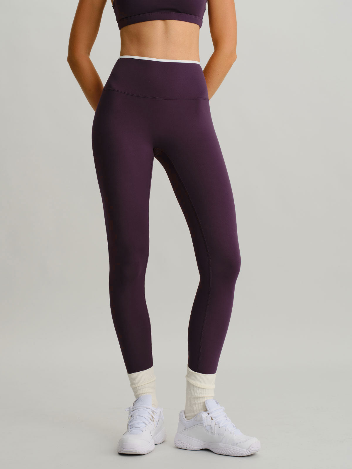women_s-knitted-nylon-sports-leggings-sustainable-yoga_bottoms-qexyta Purple Contrast Natural Waisted Leggings 25" - Image 1