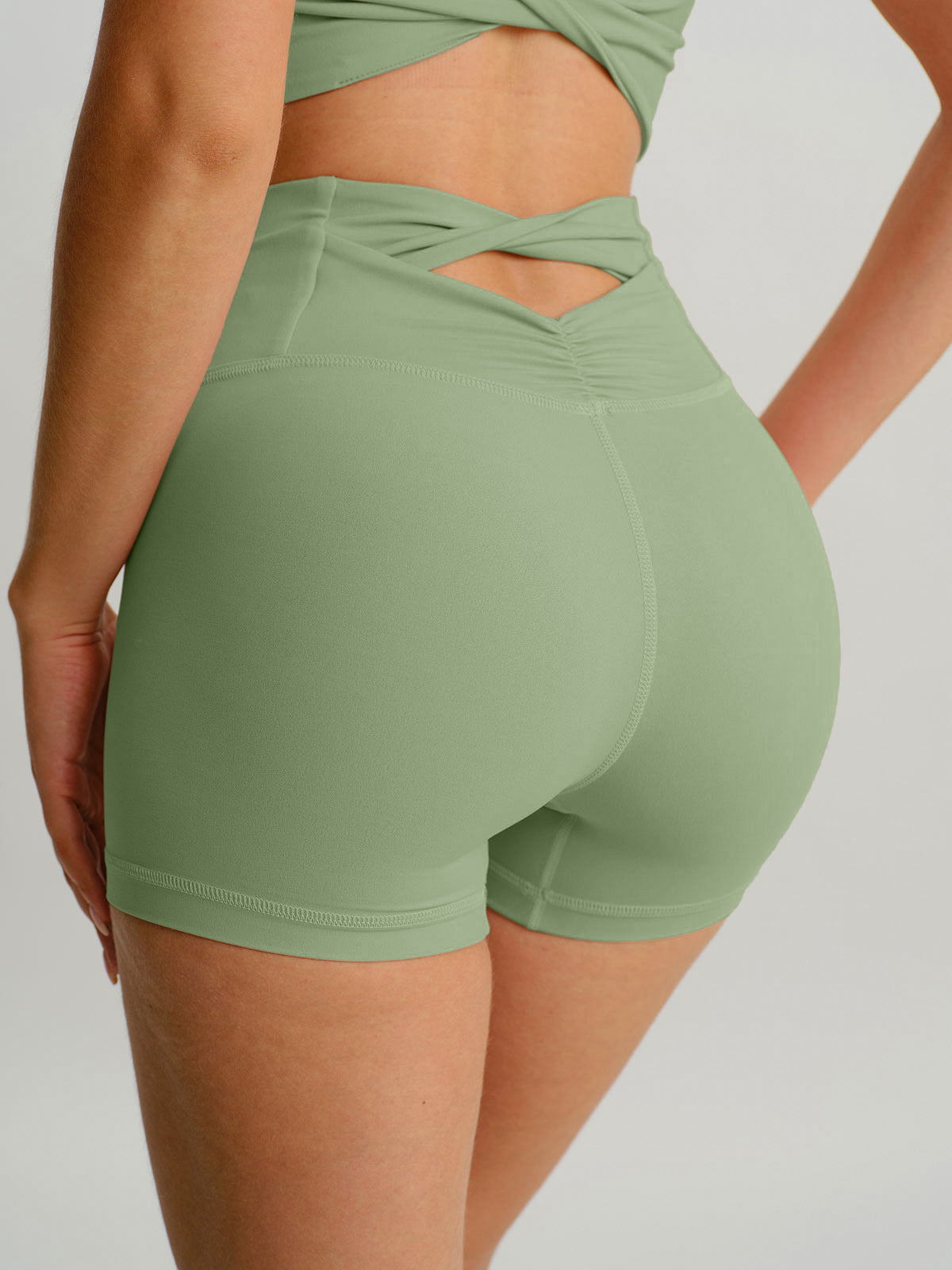 women_s-knitted-nylon-sports-shorts-light_green-sustainable-yoga_bottoms-t40vid Light Green Cut Out Shorts 3" - Image 1