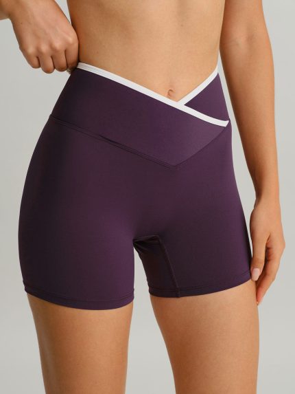 Purple Contrast Front-Cross Sports Shorts 3"