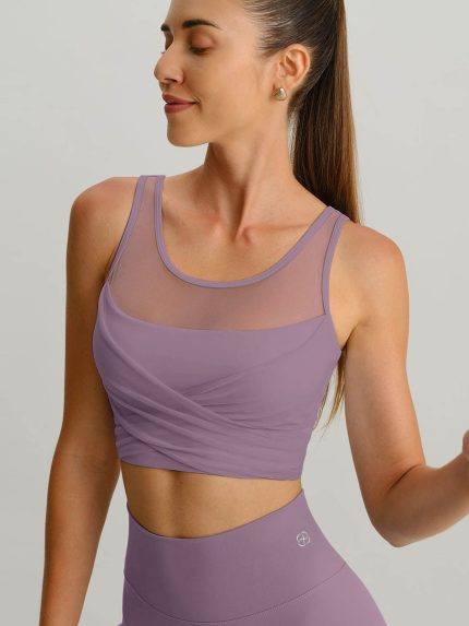 Purple Grey Mesh Cross-Front Tank Top
