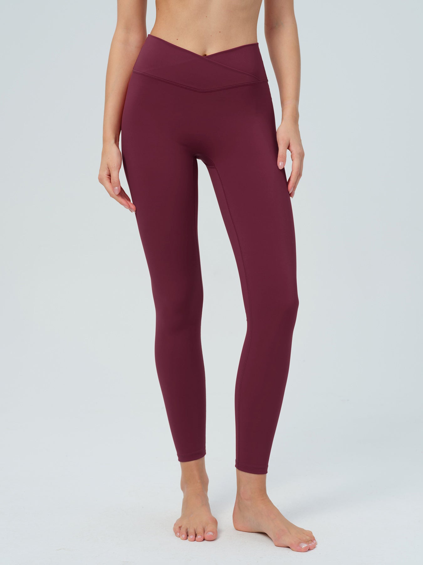 women_s-knitted-nylon-yoga-leggings-sustainable-yoga_bottoms-qevj3b Burgundy Cross-Waist Leggings 28" - Image 1