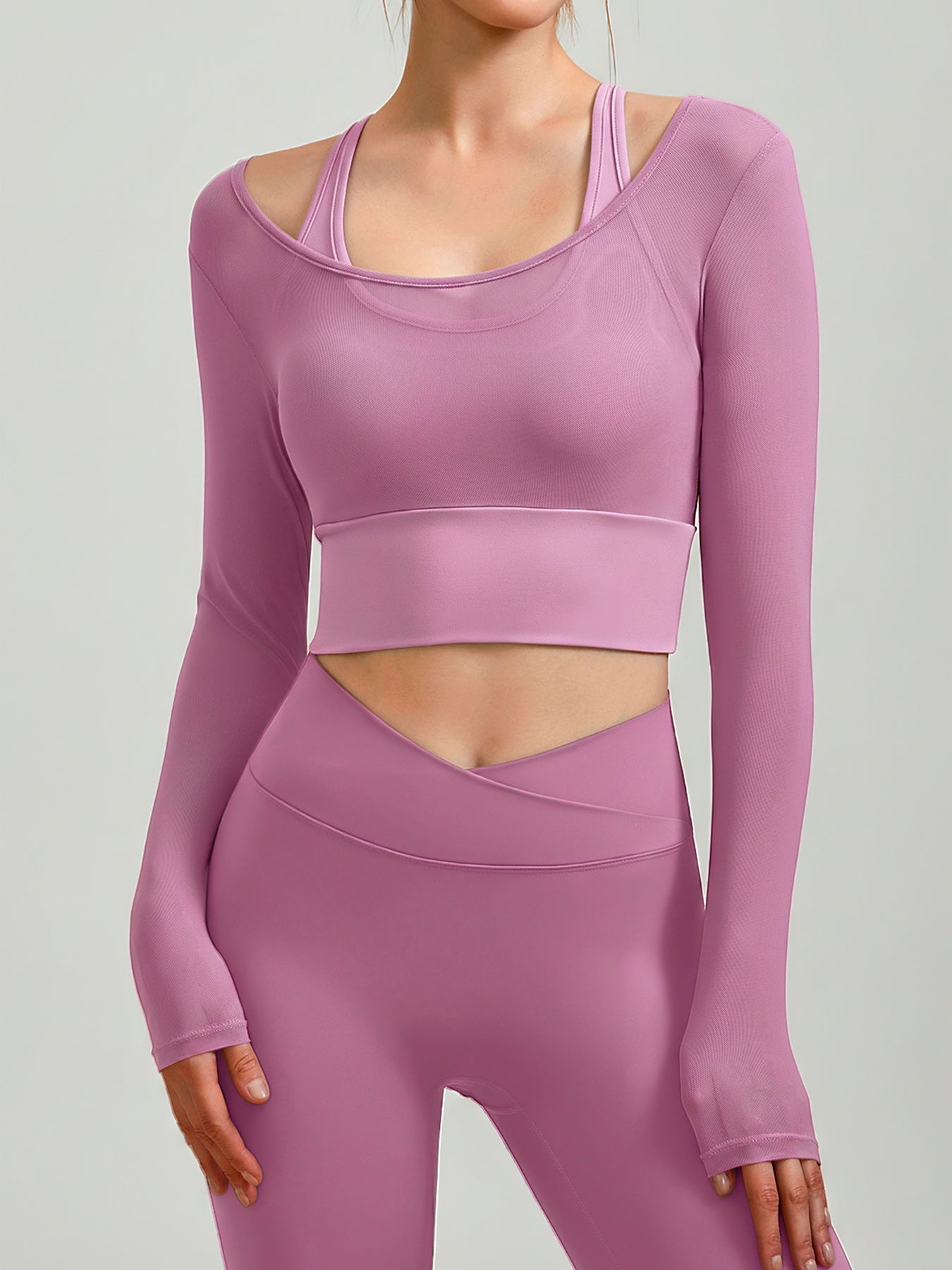women_s-knitted-nylon-yoga-long-sleeve-top-pink-sustainable-yoga_tops-mrgmfb Pink U Neck Long Sleeve Top - Light Support - Image 1