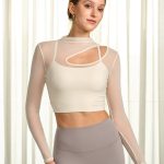 Cream Mesh Cutout Long Sleeve Top--Light Support