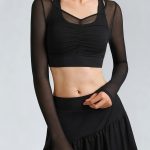 Black Mesh Ruched Crop Long Sleeve Top