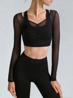 Black Mesh Ruched Crop Long Sleeve Top - Image 2