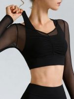 Black Mesh Ruched Crop Long Sleeve Top - Image 4