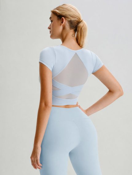 Light Blue Cross Mesh Back Short Sleeve Top-Light Support