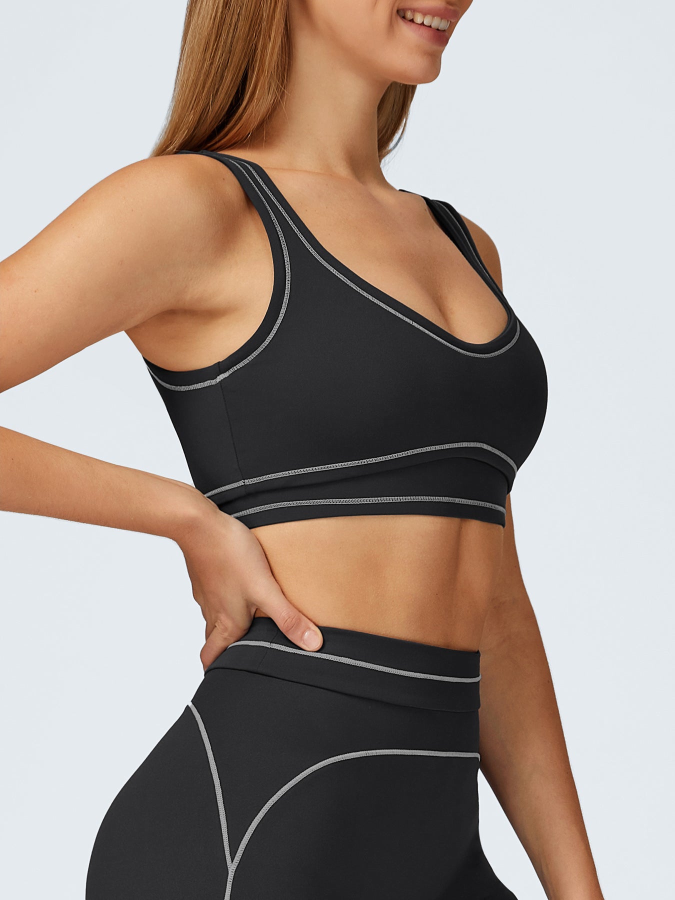 women_s-knitted-nylon-yoga-sports-bras-black-sustainable-yoga_tops-vbprvu Black Contrast-Trim Sports Bra - Image 1
