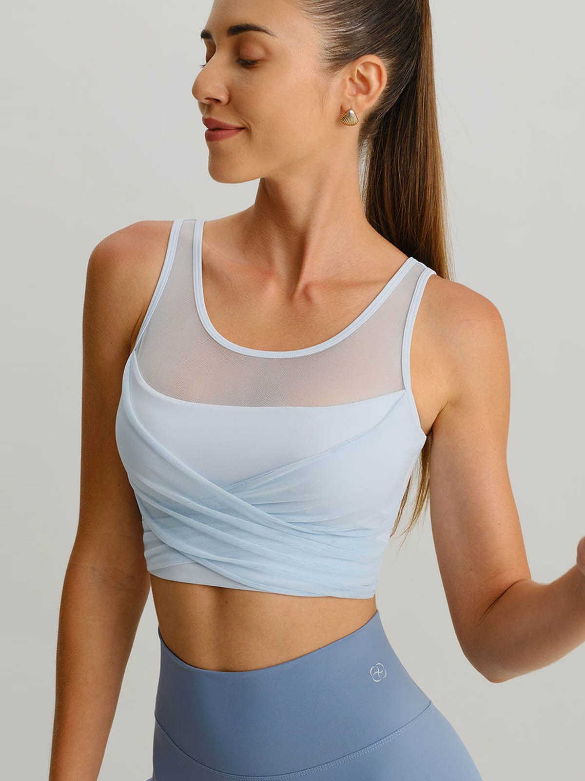 women_s-knitted-nylon-yoga-tank-top-sustainable-yoga_tops-ltytxs Light Blue Mesh Cross-Front Tank Top - Light Support - Image 1