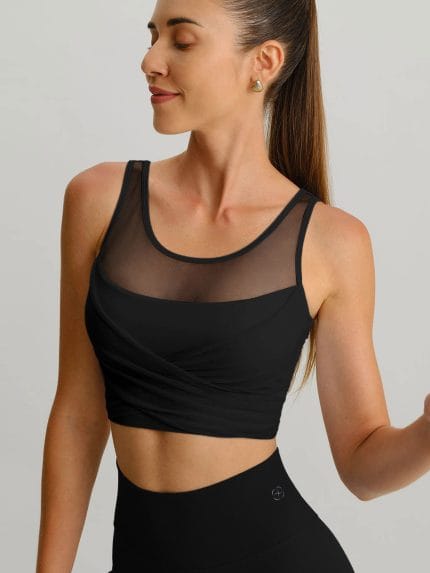 Black Mesh Cross-Front Tank Top - Light Support