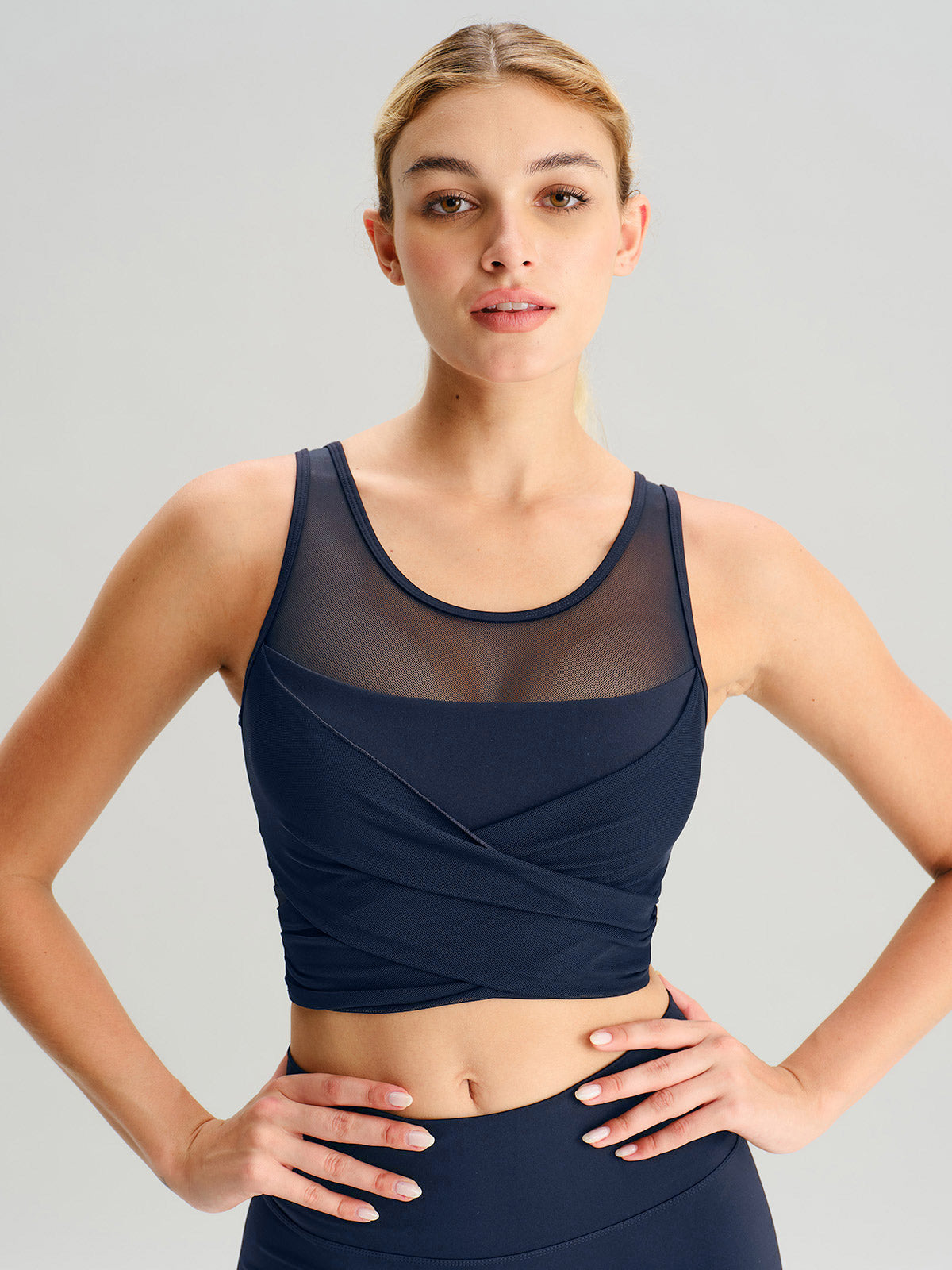 women_s-knitted-nylon-yoga-tank-top-sustainable-yoga_tops-zp05la Navy Mesh Cross-Front Tank Top - Light Support - Image 1